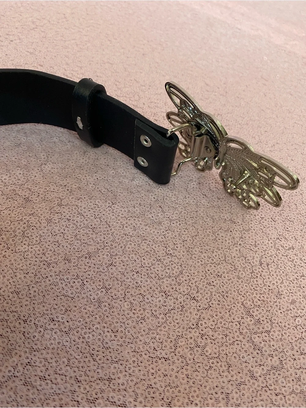 Black studded belt with silver butterfly buckle #485